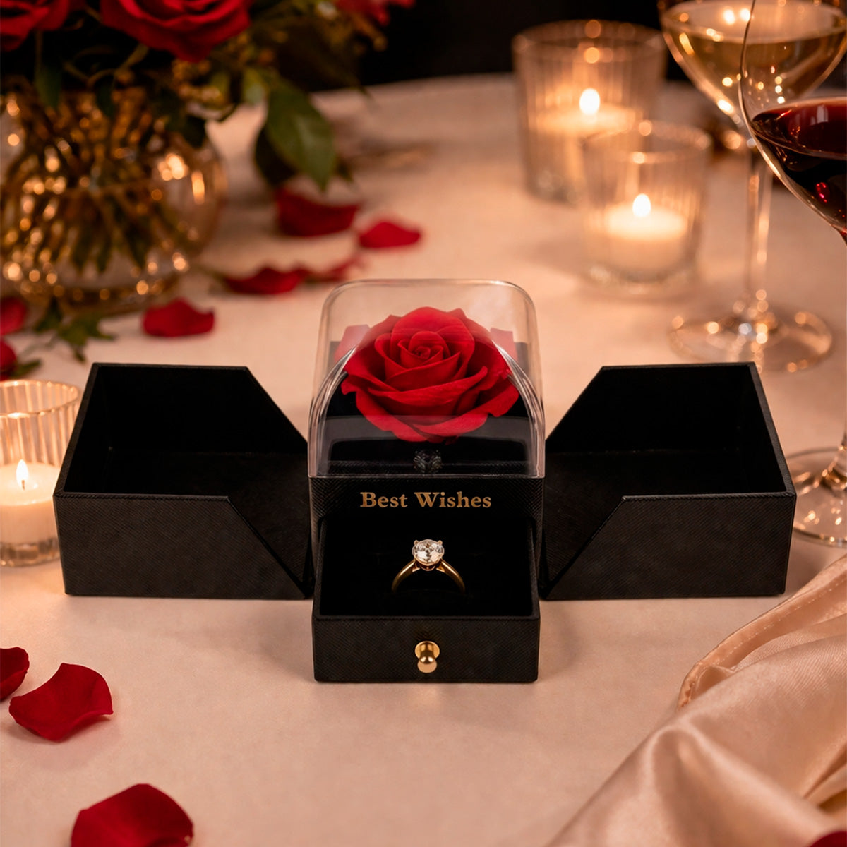 Caixa de Promessas: Estojo Surpresa com Rosa para Aliança - Preto